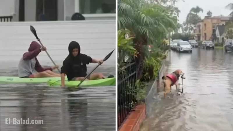 Long Beach Floods Turn Streets into Kayaking Routes