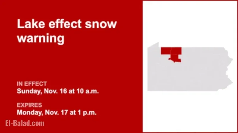 Pennsylvania Faces Lake Effect Snow Warning with 45 MPH Wind Gusts Until Monday