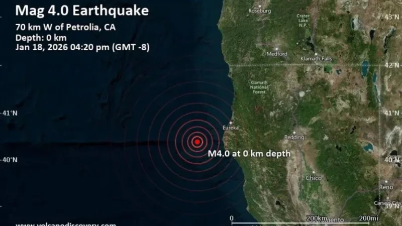 4.0 Earthquake Strikes Near Eureka, Humboldt County, California