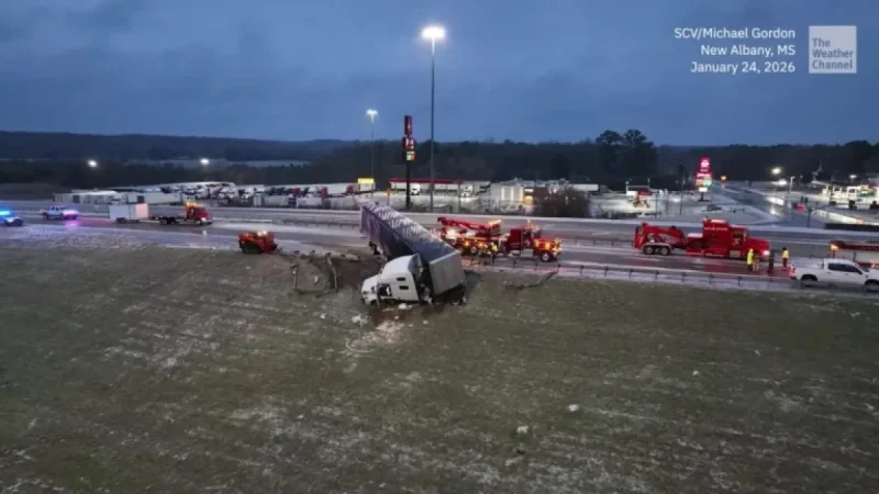Trucks Slide on Icy Mississippi Roads