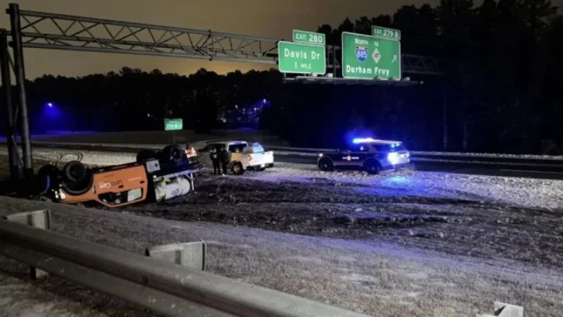 Brine Truck Overturns on I-40 in Durham, Major Roads Remain Icy