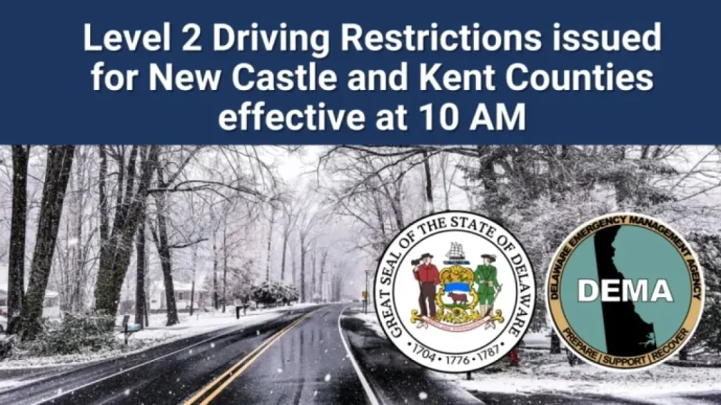 Driving Restrictions Tighten to Level 2 in New Castle, Kent at 10 AM