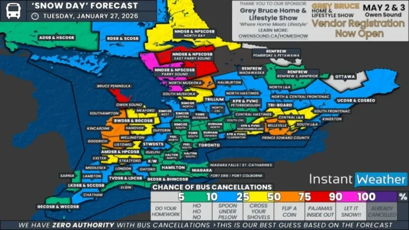 Snowstorm Threatens School Bus Cancellations in Southern Ontario’s Snowbelt Tuesday