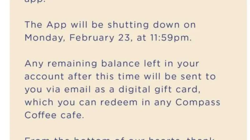 Compass Coffee App to Shut Down on Monday