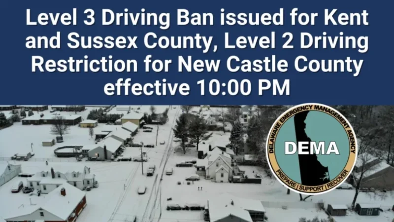 Level 3 Driving Ban in Kent, Sussex; Level 2 Restrictions in New Castle