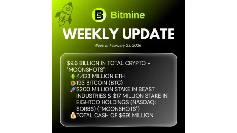 Bitmine Immersion (BMNR) Reports $9.6B in Crypto and Cash, Plus 4.423M ETH