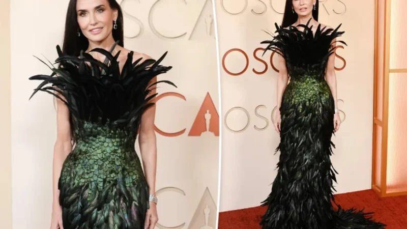 Demi Moore goes full peacock in feathered fashion on Oscars 2026 red carpet