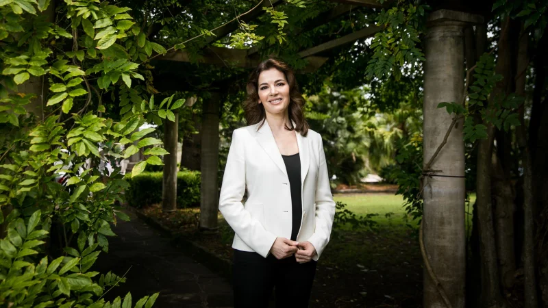 Nigella Lawson shows a canopy garden seating area with three trunks