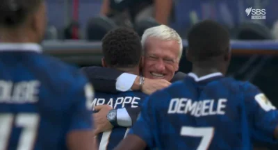 Kylian Mbappe hugs Didier Deschamps after Sweden goal — Didier Deschamps' Mother