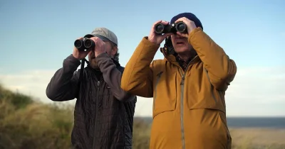 Samuel West and Adrian Edmondson draw pink-footed geese over Norfolk on Channel 5