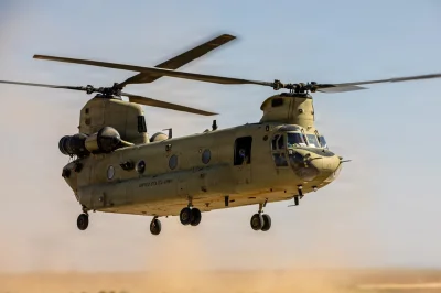 U.S. Army CH-47 Chinook lifts off in Middle East during scheduled flight operations — United States Central Command