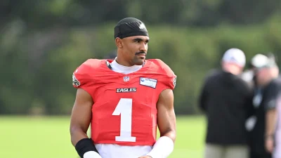 Jalen Hurts Eagles Practice Interception highlighted by Eagles social-media team on Wednesday