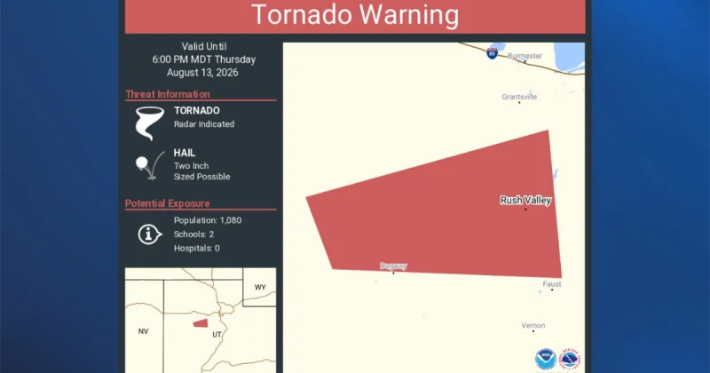 National Weather Service Issues Tornado Warning In Utah for Tooele County