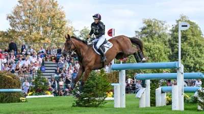 Sarah Bullimore falls at the last fence after strong Burghley round