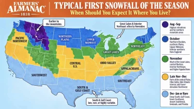 Farmers' Almanac Maps Northeast Snow Timing in September Update — Old Farmer's Almanac Northeast Snow Prediction