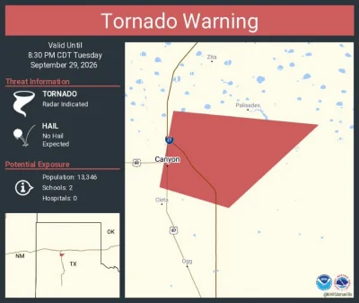 National Weather Service keeps Tornado Warning over Canyon, Texas, until 8:30 p.m. CDT Tuesday — Amarillo Tornado
