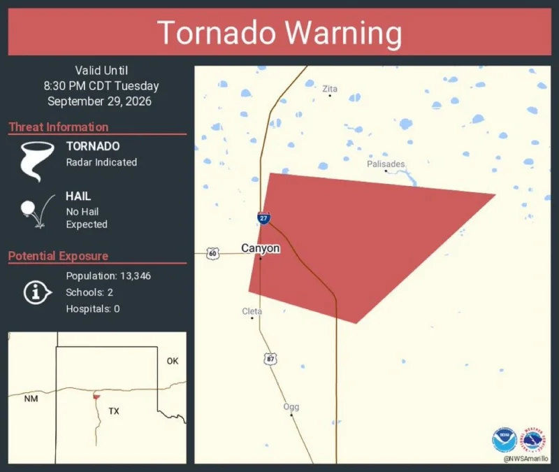 National Weather Service keeps Tornado Warning over Canyon, Texas, until 8:30 p.m. CDT Tuesday — Amarillo Tornado