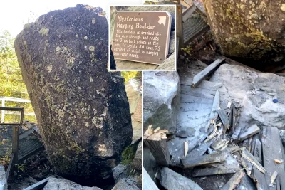 Joe Licciardi explains 80-ton Mysterious Hanging Boulder Falls Polar Caves Nh