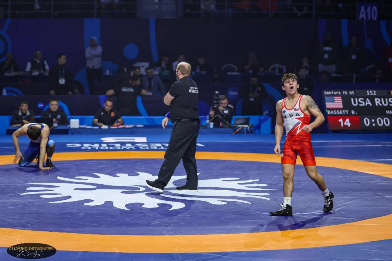 Bo Bassett goes 4-0 to reach the 65-kilogram world final — Virginia Tech freshman makes a statement in Astana