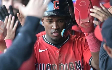 Angel Martinez of the Guardians breaks camera lens on field during Tigers playoff game