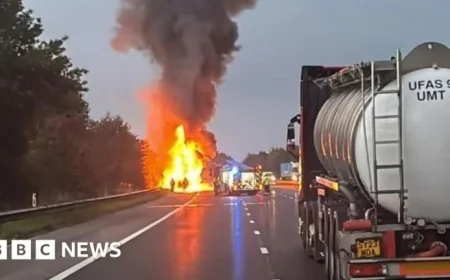 Car Transporter Fire Shuts Down M5 Near Exeter