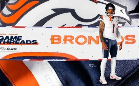 Broncos Don Summit White Jerseys, Midnight Navy Pants Against Jets