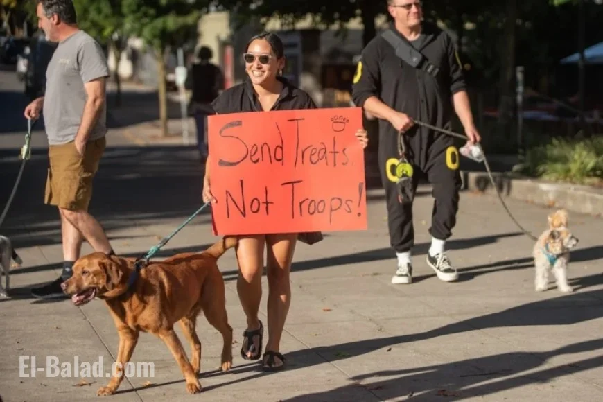 Protesters with Dogs and Dance Greet Kristi Noem in Portland