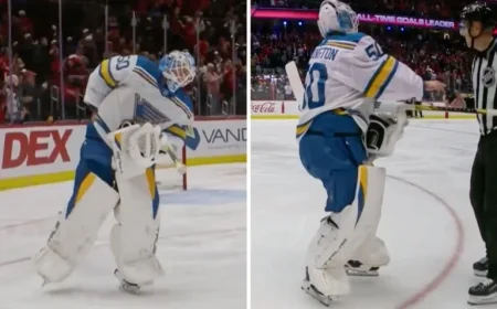 Jordan Binnington Attempts to Steal Alex Ovechkin’s 900th Goal Puck