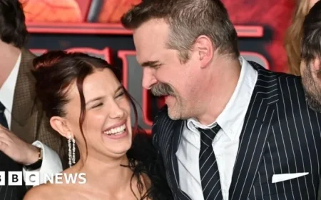 Millie Bobby Brown, David Harbour Embrace at Stranger Things Premiere