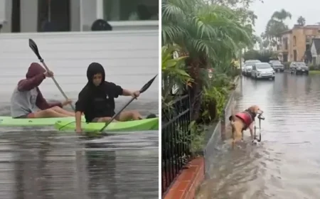 Long Beach Floods Turn Streets into Kayaking Routes