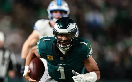 Jalen Hurts Scores, Eagles Lead Lions 13-6 at Halftime