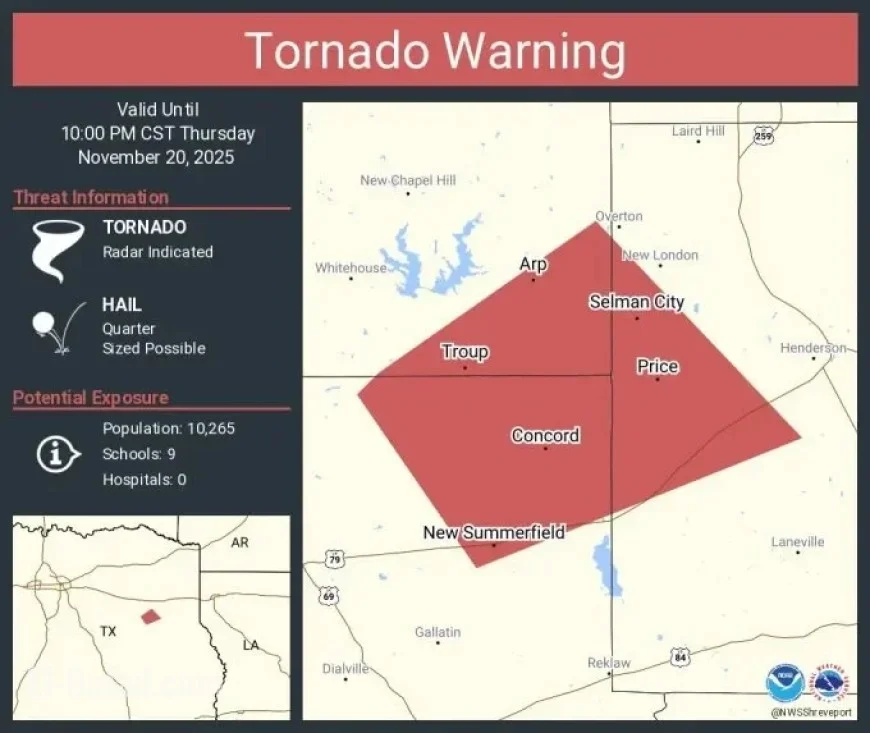 Tornado Alert Issued for Smith, Cherokee, Rusk Counties