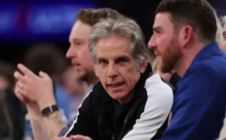 Ben Stiller Sports Dayton Dragons Jacket at Knicks Game Courtside