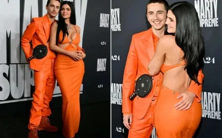 Kylie Jenner, Timothée Chalamet Dazzle in Matching Orange Outfits at “Marty Supreme” Premiere
