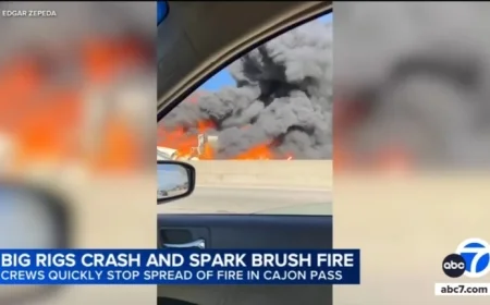 Fiery Devore Crash of Two Big Rigs Ignites Brush Fire, Shuts 15 Freeway