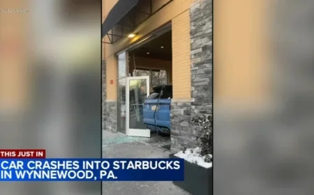 Car Collides with Starbucks Storefront in Wynnewood, Pennsylvania