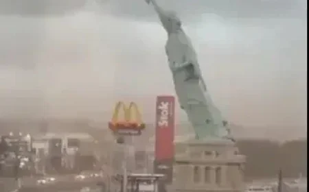 Strong Winds Topple Statue of Liberty Replica Outside New York