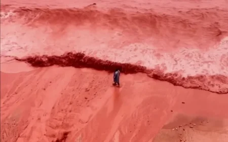 Heavy Rain Transforms Popular Tourist Beach Sea to Bright Red