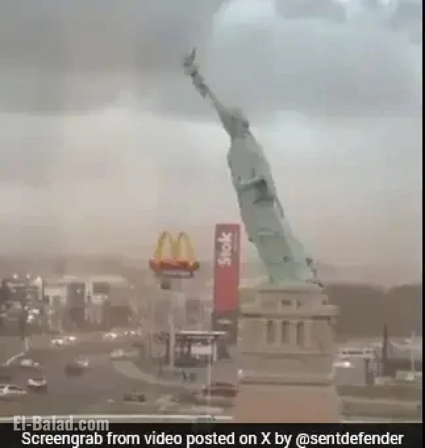 Strong Winds Topple Statue of Liberty Replica Outside New York