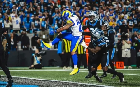 Rams’ Kyren Williams Leaps for Touchdown Against Panthers