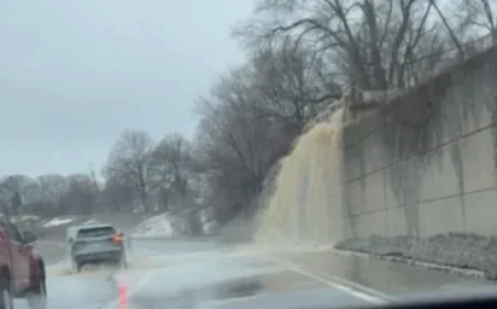Floodwaters Surge onto Highway 85 in Kitchener