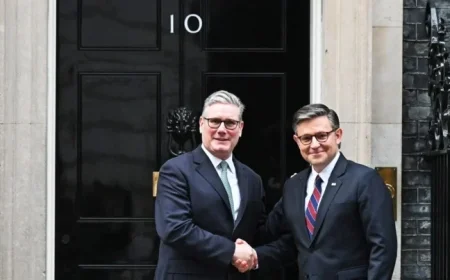 Speaker Johnson Vows to Calm Trump Tensions in U.K. Parliament Address