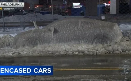 Philadelphia Woman Discovers Car Encased in Ice After Nearby Pipe Burst