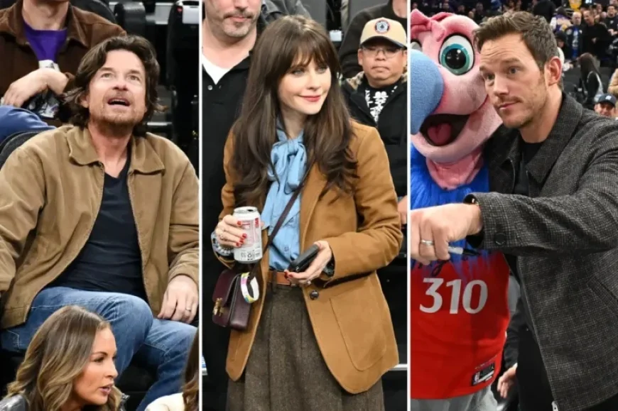 Stars Chris Pratt, Jason Bateman, Zooey Deschanel Attend Lakers-Clippers Game