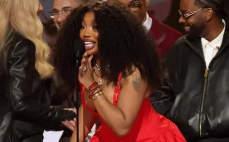SZA Stuns at 2026 Grammys in Bold Red Plunging Dress