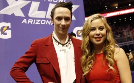 Tara Lipinski Shines in White Dress Beside Johnny Weir’s Green Olympic Outfit