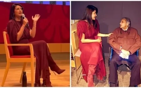 Priyanka Chopra Stuns in Wine Red Dress at Harvard India Conference