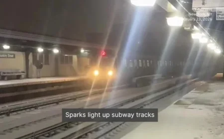 New York Train Strikes Snow and Ice, Sparks Fly