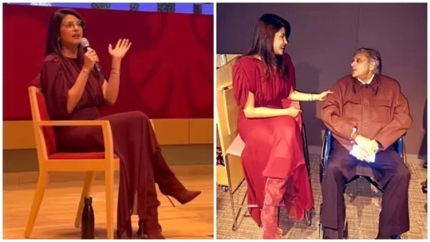 Priyanka Chopra Stuns in Wine Red Dress at Harvard India Conference