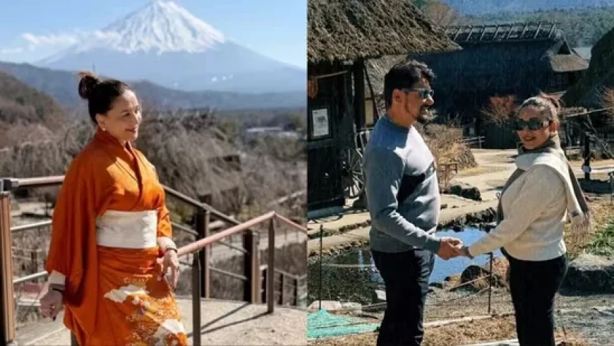 Madhuri Dixit Dons Kimono in Japan with Husband Shriram Nene, Poses by Mount Fuji